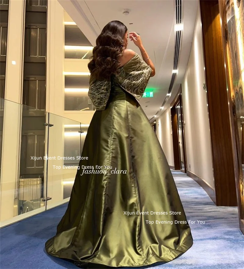 Xijun Green Satin Luxury Evening Dresses Boat Neck Beads Prom Dresses Prom Gowns Saudi Arabric Dubai Prom Gowns Long Party Gown