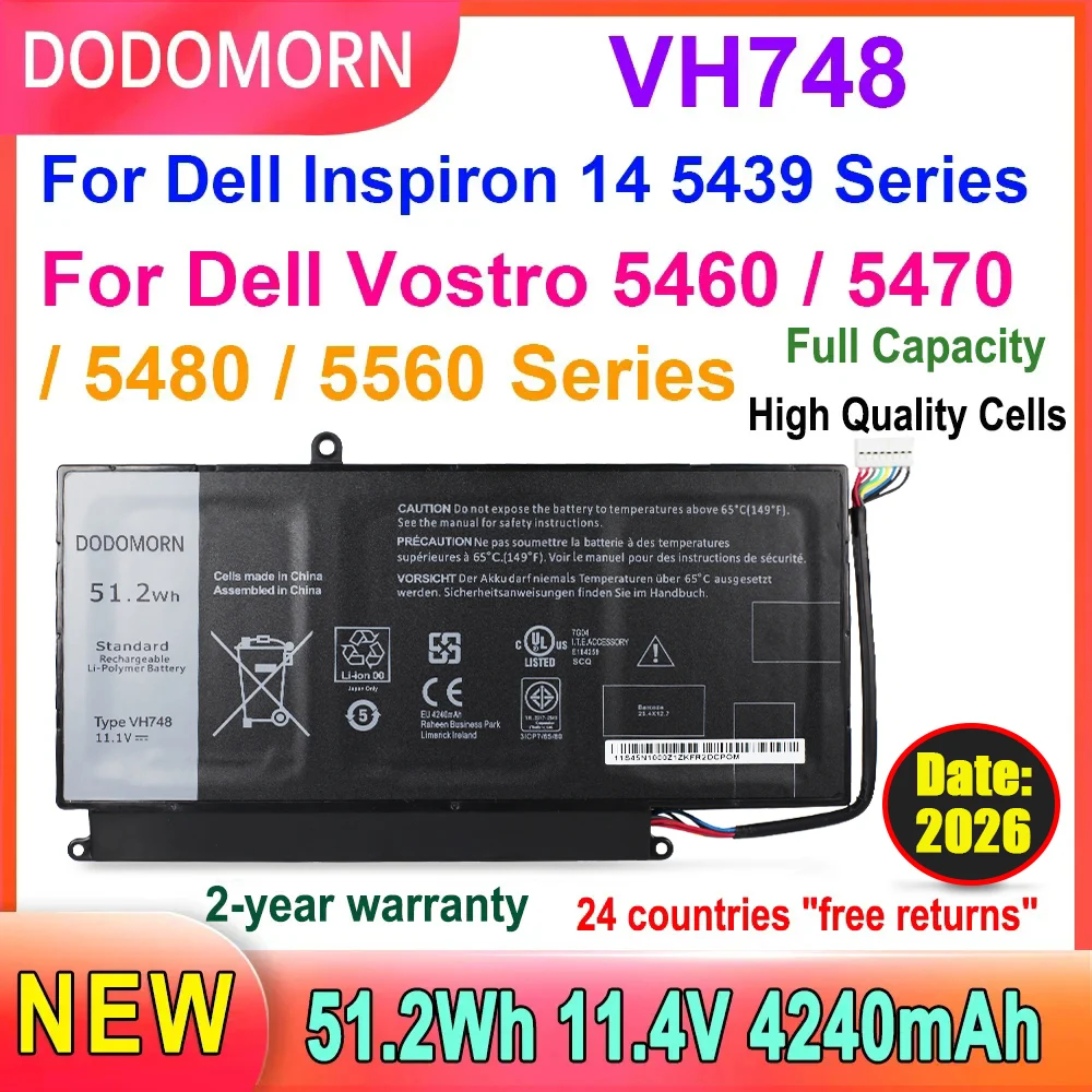 DODOMORN nueva batería de ordenador portátil VH748 para DELL Vostro 5460 5470 5560 14 5480 para Inspiron 14 5439 V5460D-1308 V5460D-1318 5470D-1328