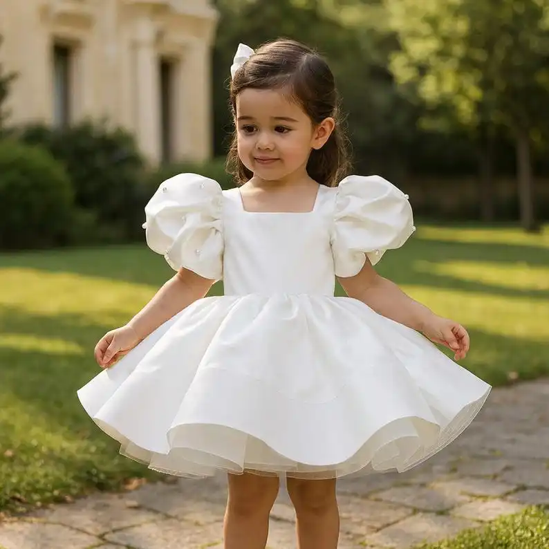 

Handmade Elegant White Satin Girl Dress with Puff Sleeves and Pearls – Birthday Wedding or Ceremony Princess Dress Gift for Baby