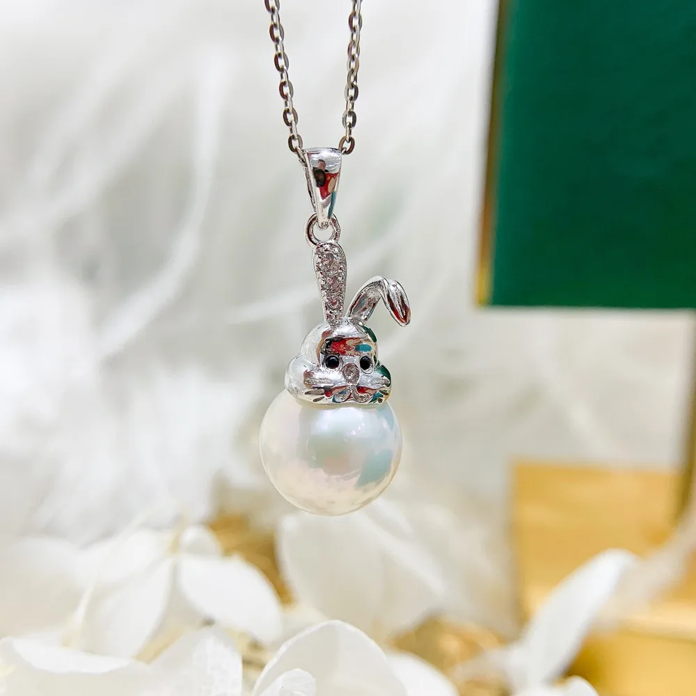 DIY Pearl Accessories S925 Sterling Silver Pendant with Empty Support Gold Silver Rabbit Necklace Pendant Fit 10-13mm Circle