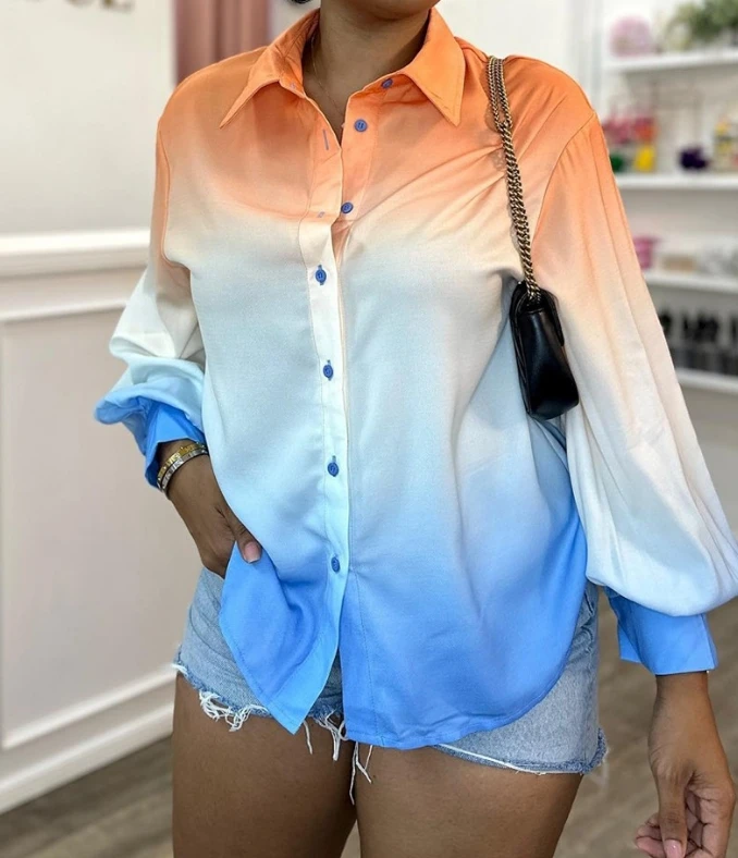 Orange weiß blau Farbverlauf lang ärmel ige einreihige Front Basic Shirt dünne lässige asymmetrische Saum Pendel oberteil