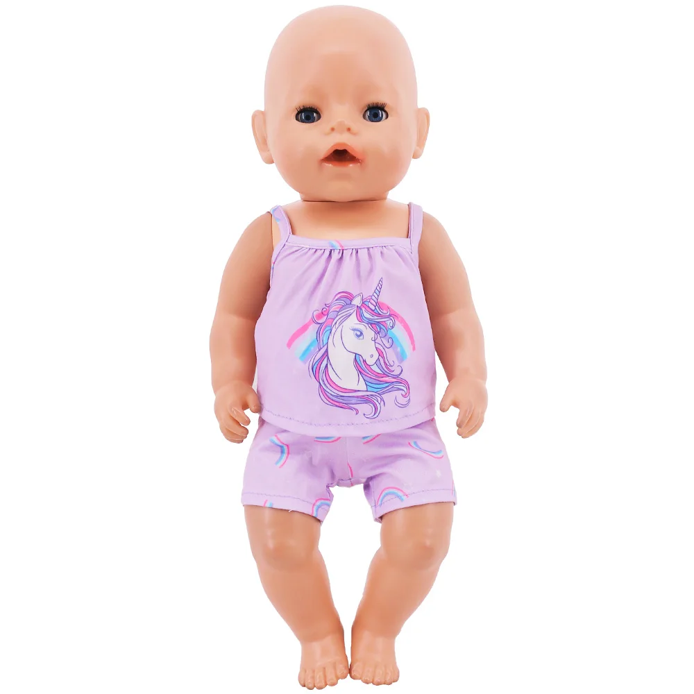 Doll Clothes Cat Unicorn Panda Printed Vest Top+Shorts Fit 18Inch American Doll Girl&43Cm Reborn Baby item,Doll Accessoires Toy