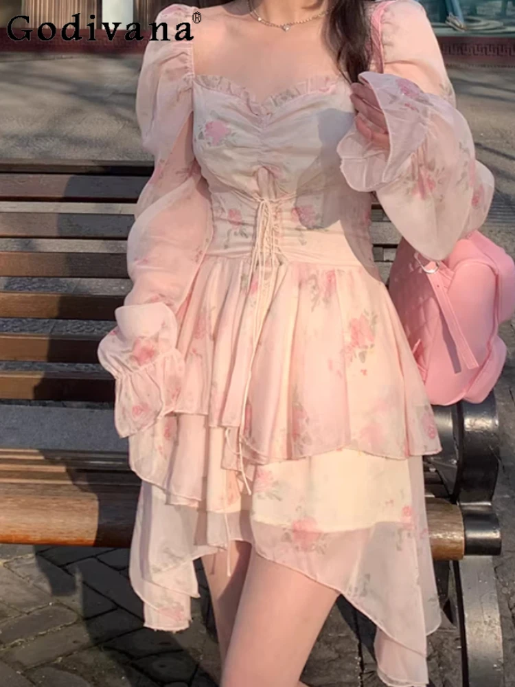 

Spring Summer Large Size Pink Floral Ruffles Square Collar Fairy Dress Fashion High Waist A-line Irregular Long Sleeve Dresses