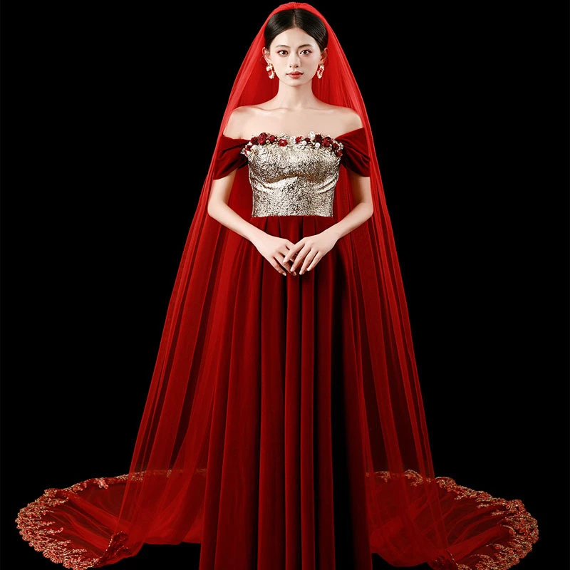 

Роскошная кружевная свадебная фата с блестками, красная для невесты, длинная свадебная красная фата 3 м, костюм арабской индийской невесты, аксессуары