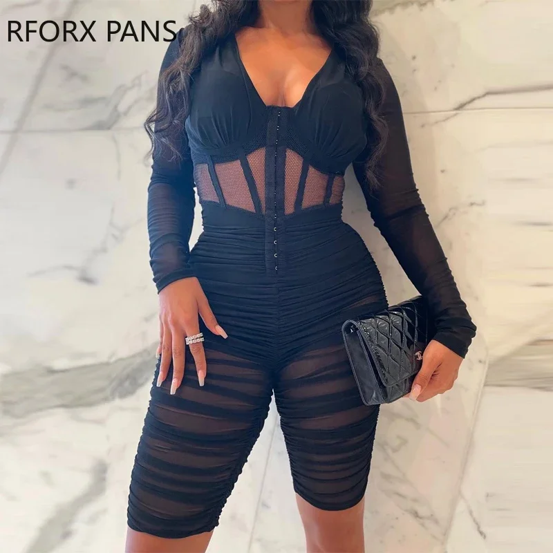 

Women Solid Chic Mesh Deep V Neck Folds Sexy Bodycon Black Romper