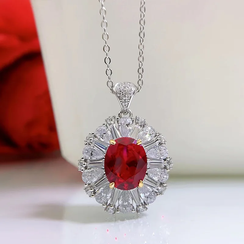 New European and American S925 Silver Ruby 9 * 11 Necklace Women's Collar Chain Vintage Style Pendant Women's Fashion Versatile