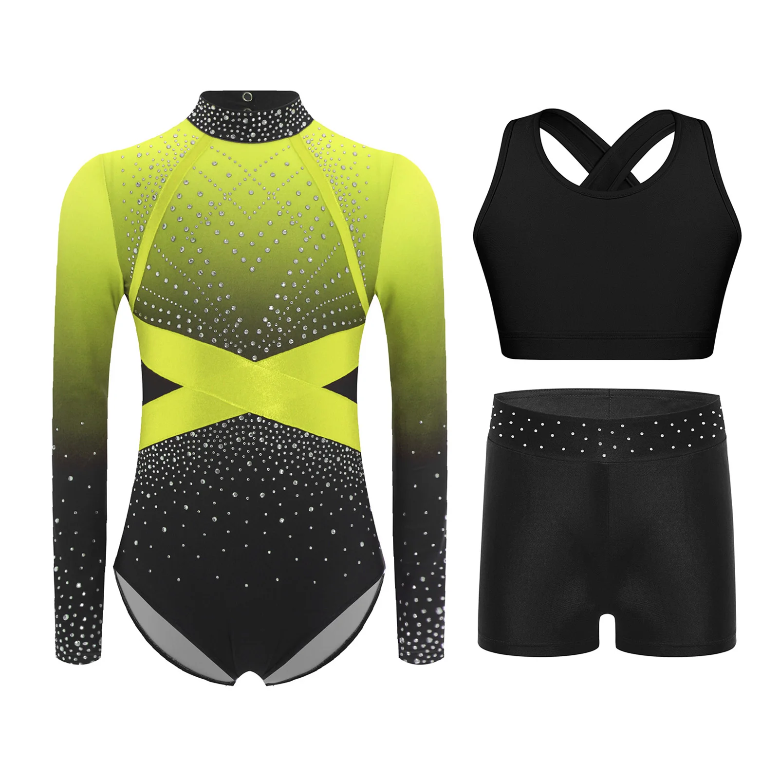 Kids Girls Gymnastics Dance Outfit Long Sleeve Sparkling Rhinestones Color Block Leotard with Cross Back Vest And Shorts