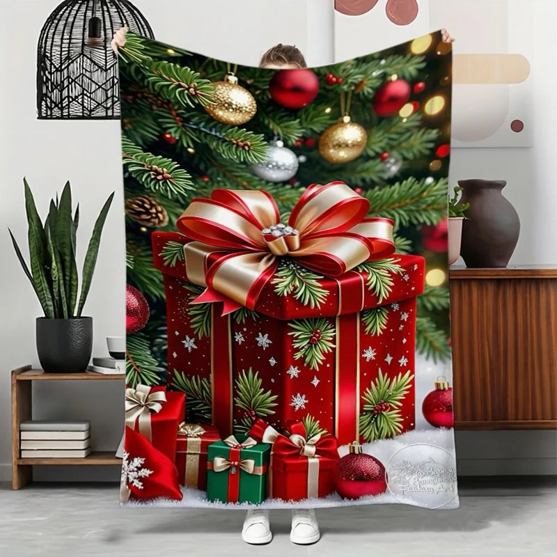 Christmas Gift Box Pine Branch Flannel Blanket For Festive Bedroom Decor Soft Warm Throw Blanket Gift