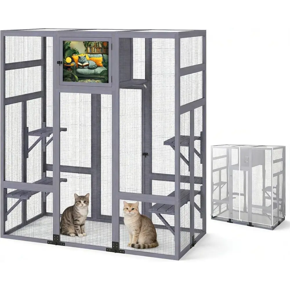 

3-Tier Outdoor Cat Enclosure with Weatherproof PVC Cover, Removable Cushion, and Window-Attach Back Door for Natural Wood Durabl