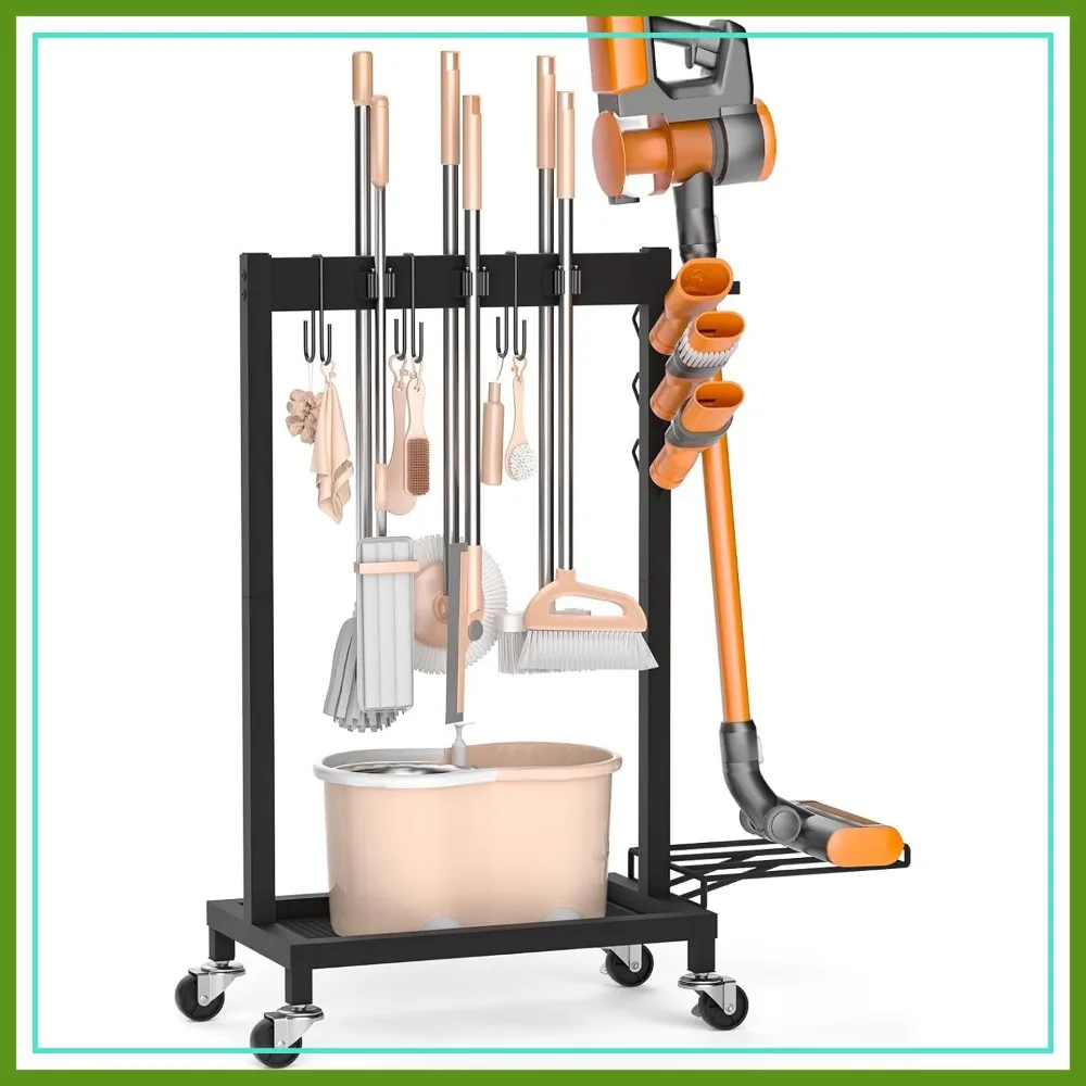 

Broom Holder with Cleaning Cart, 160LBS Capacity, 6 Mop Grippers, 3 Hooks, Vacuum Stand for Garage Laundry