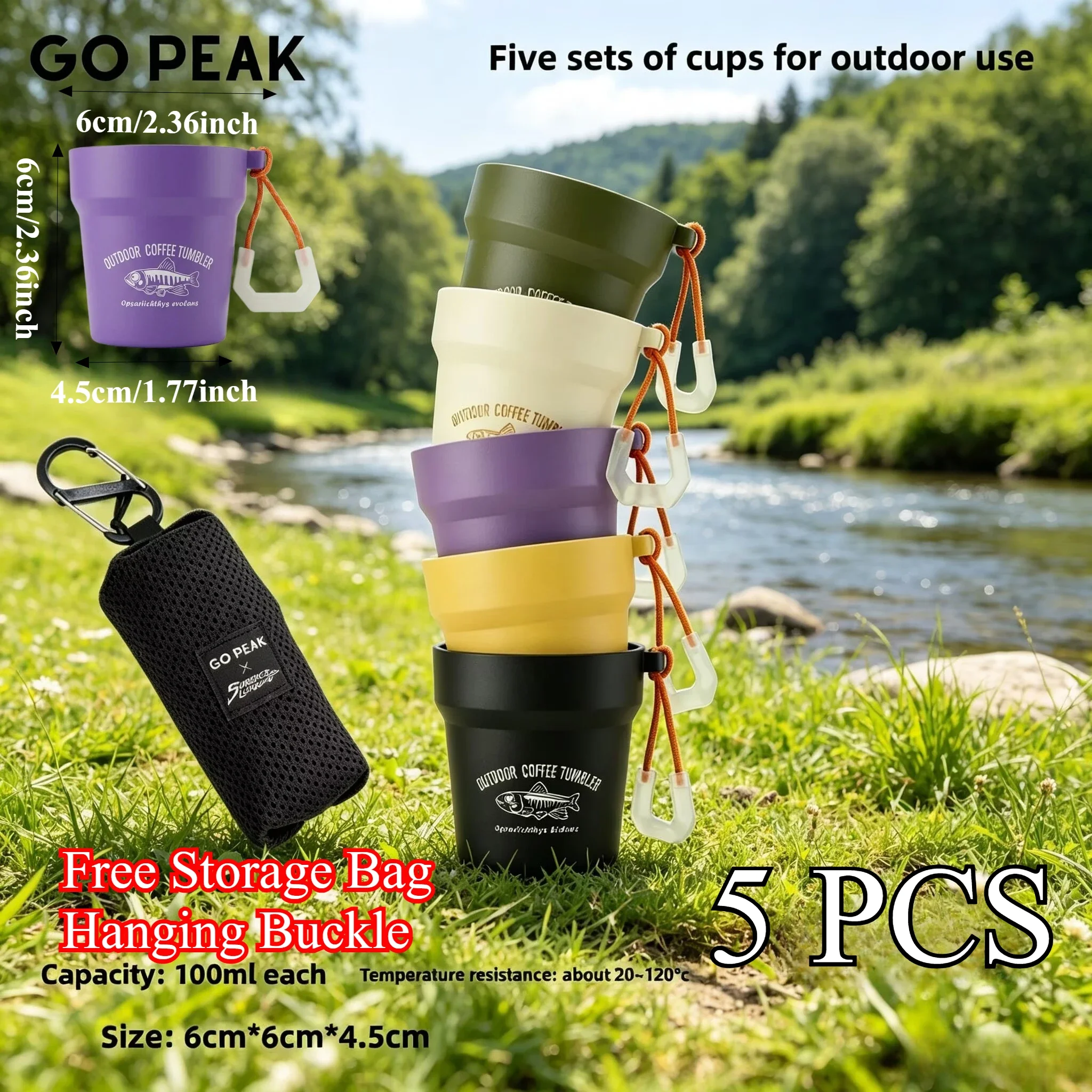 

GO PEAK 5PCS Ultralight Camping Cup Set Portable Travel Coffee Mugs for Backpacking Hiking with Storage Bag and Hanging Buckle