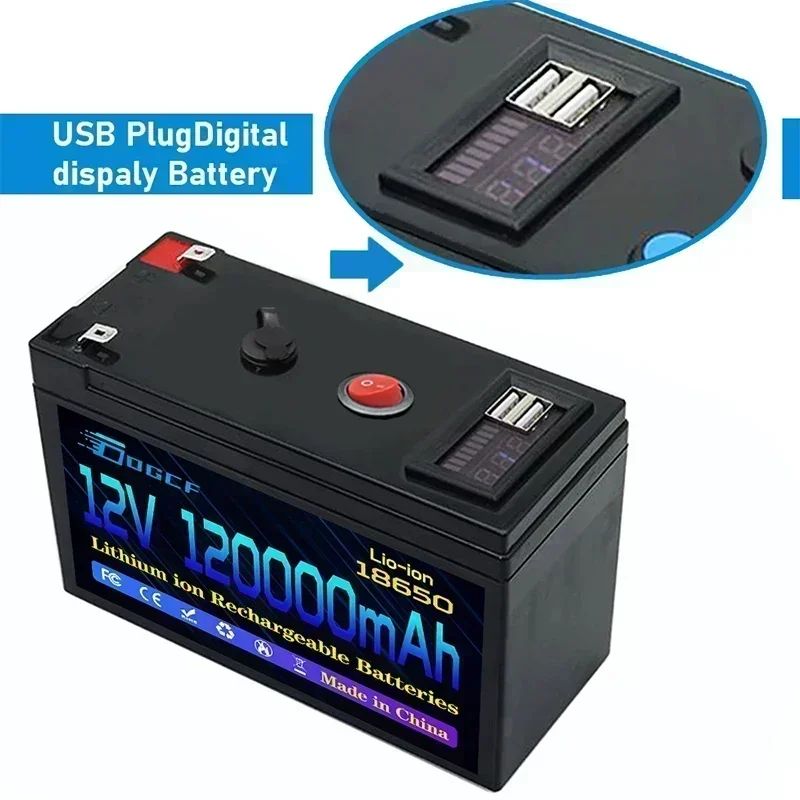 12V Battery 120Ah 18650 Rechargeable LiFePO4 Lithium Battery Built-in 5V 2.1A Usb Power Display Port Charger+12.6V 3A charger