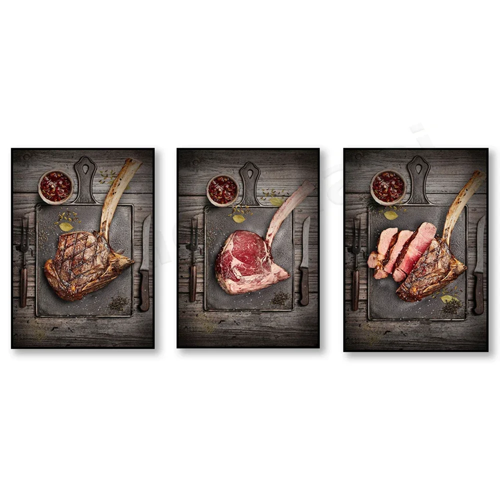 Raw Beef Grilled Steak BBQ Canvas Paintings Food Posters and Prints Wall Art Pictures Kitchen Restaurant Dining Room Home Decor