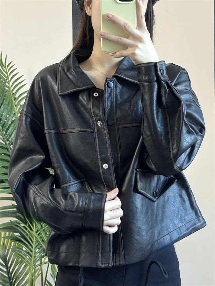 Retro Hong Kong Sle ort Loose Women's Leather Jaet Faionable Slimming Flip Collar PU Leather Coat Autumn Luxury Trend