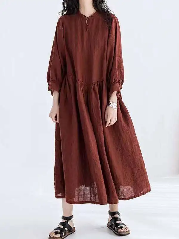 

Повседневное льняное платье с круглым вырезом, 8-длинными рукавами, цветное, тканое, с завышенной талией, А-силуэта, длинное, художественное, белое, омолаживающее