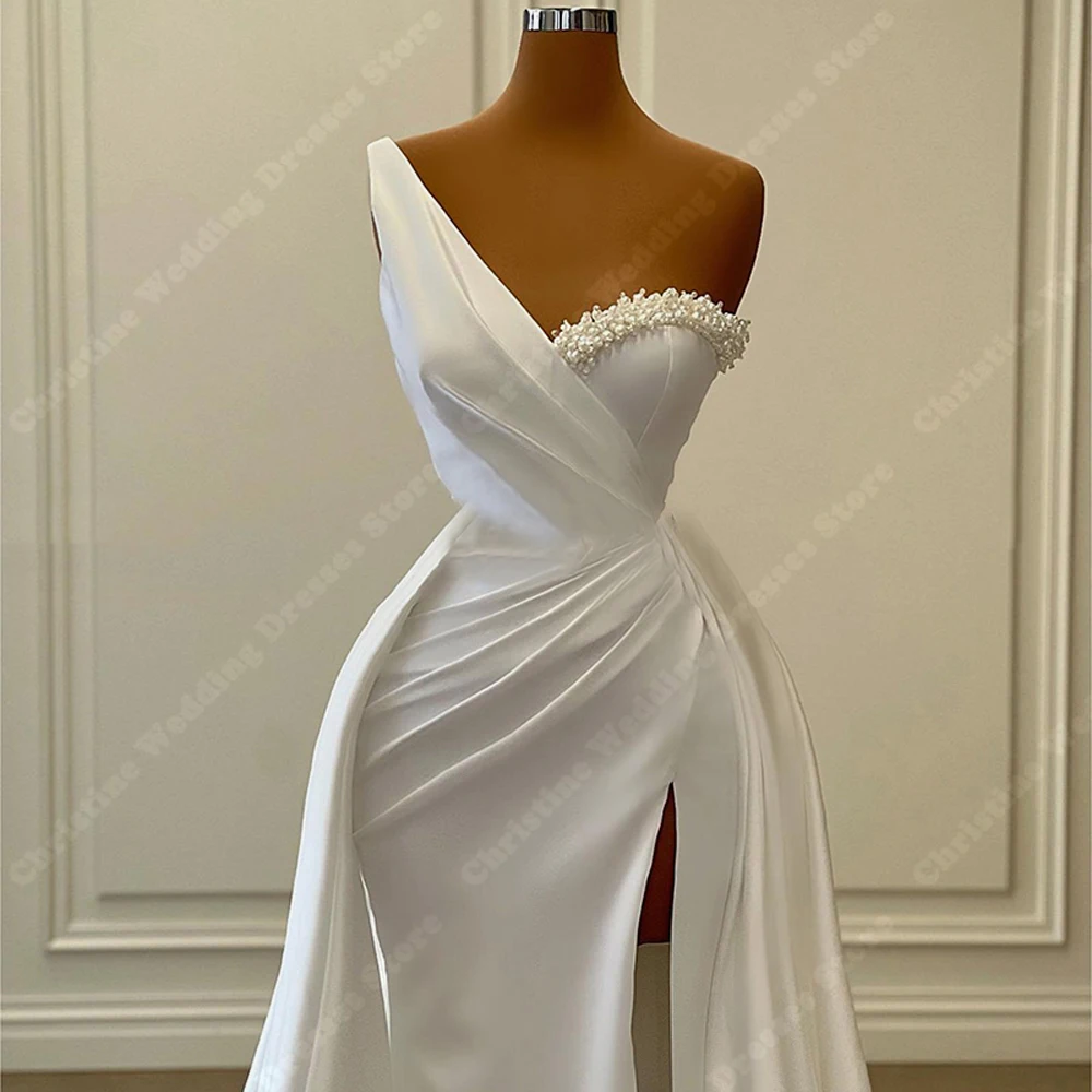 High-Quality Satin Women Bridal Gowns Sexy Simple Fork Sleeveless Mopping Length Wedding Dresses Formal Sweet Beach Party Robes