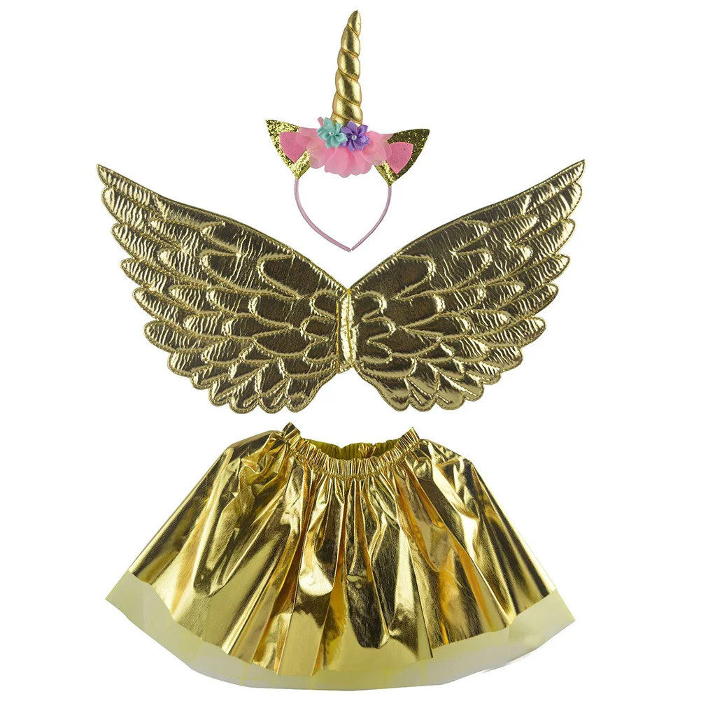 

Party Tulle Skirt Unicorn Headband Wing Set Style Gauze Dress Costume for Stage Performance Party (3pcs A Set, Golden