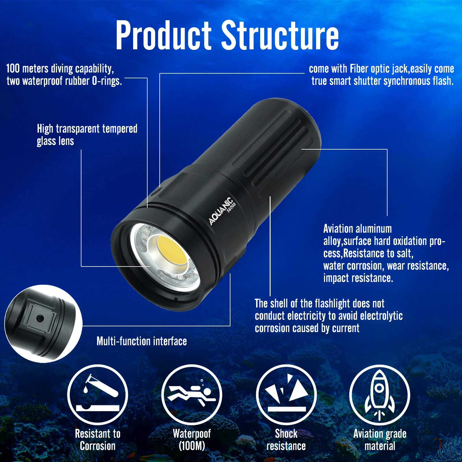 S6000 Underwater 100 meters outdoor diving light Photography Search Flash 6000 lumens intelligent dual switch control lighting