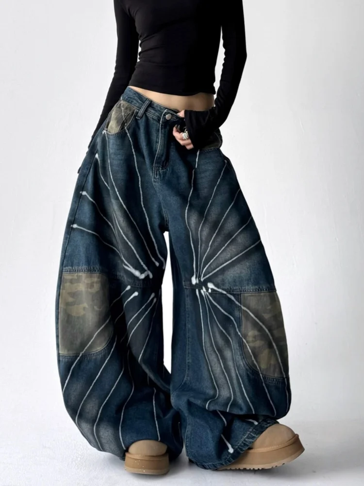 

Женские джинсы-багги 2026 Cyber Y2K в стиле стритвир с камуфляжными вставками, широкие, свободные, из денима