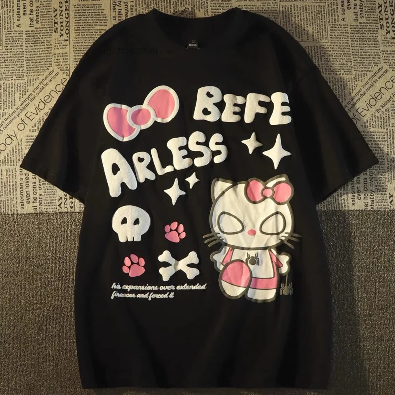 Sanrio Hello Kitty Oversized T-shirt Summer Trashy Y 2k 2000s Goth Graphic Tee Summer Harajuku Hip Hop Emo Short Sleeve Tops Yk2