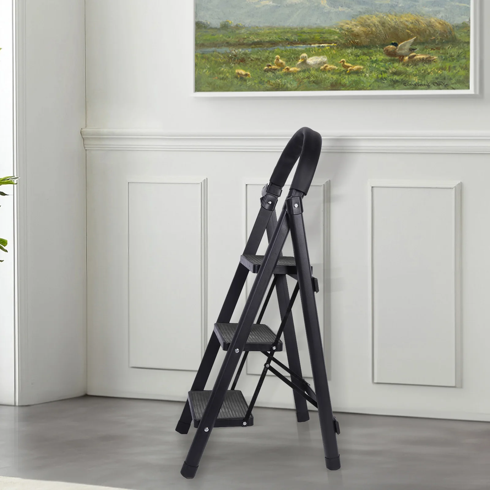 3 Step Folding Ladder Sturdy Steel Ladder 330LBS Capacity Wide Platform Steps Lightweight for Household Kitchen Office