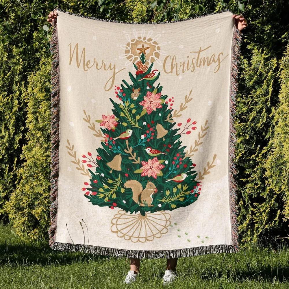 51X63inch Double Sided Christmas Tree Decoration Tapestry Fringed Sofa Cover Carpet Blanket Home Decor Christmas Throw Blanket