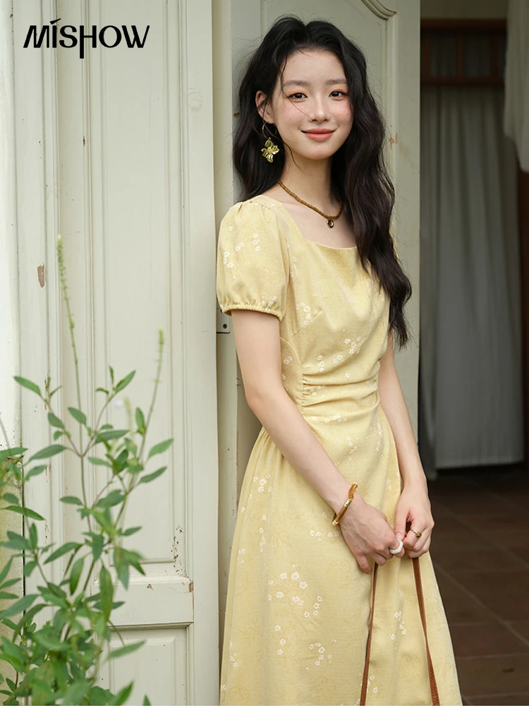 

MISHOW Women's Clothing Fashion Square Neck Puff Sleeve Dress Summer 2025 New Bamboo Leaf Jacquard Pattern Dresses MXE39L2415