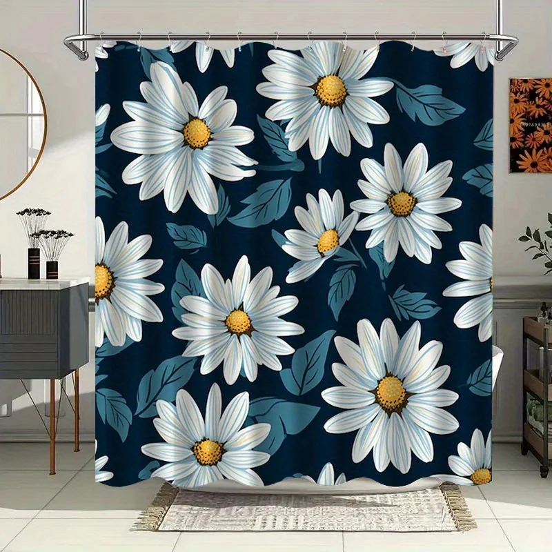 

Занавеска для душа с синими листьями и рисунком белых ромашек, с крючками, из полиэстера, можно стирать в машине, украшение для ванной комнаты.