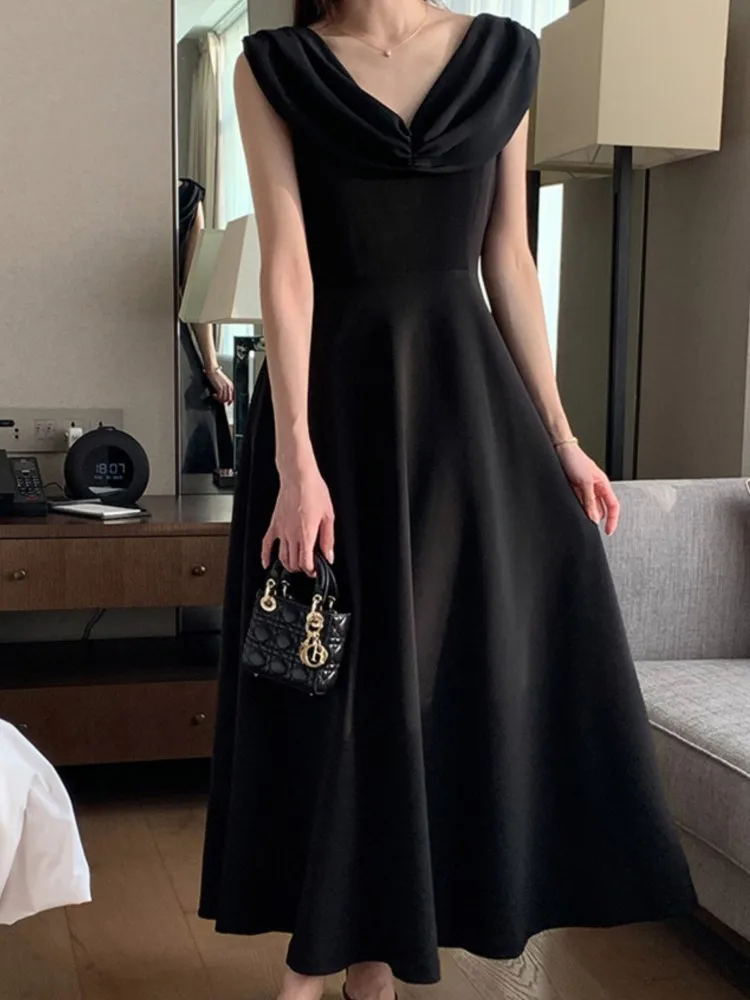 

French V-Neck Chic Chiffon Dress for Women Summer Korean Elegant Solid Colour Light Simple Party Vestido Mujer