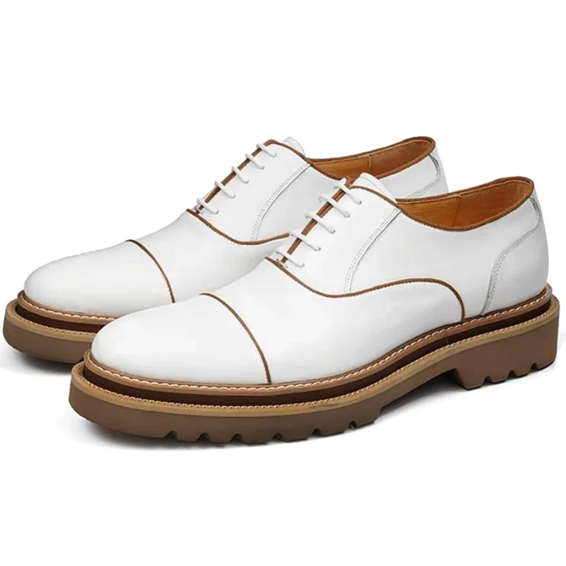 High Quality Three-joint Genuine Leather Business Dress Shoes Man Thick-soled Height-increasing Oxford Shoes White Apricot Shoes