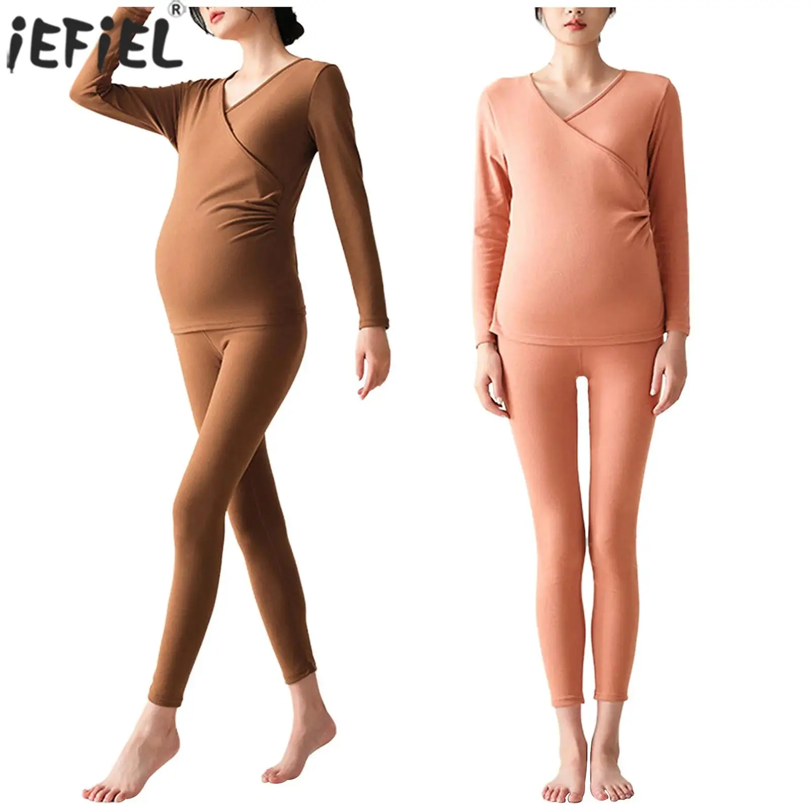 

Пижамный комплект для беременных и кормящих женщин, термобелье для кормления грудью, одежда для сна для беременных, топ с v-образным вырезом и длинными рукавами, рюшами и брюки