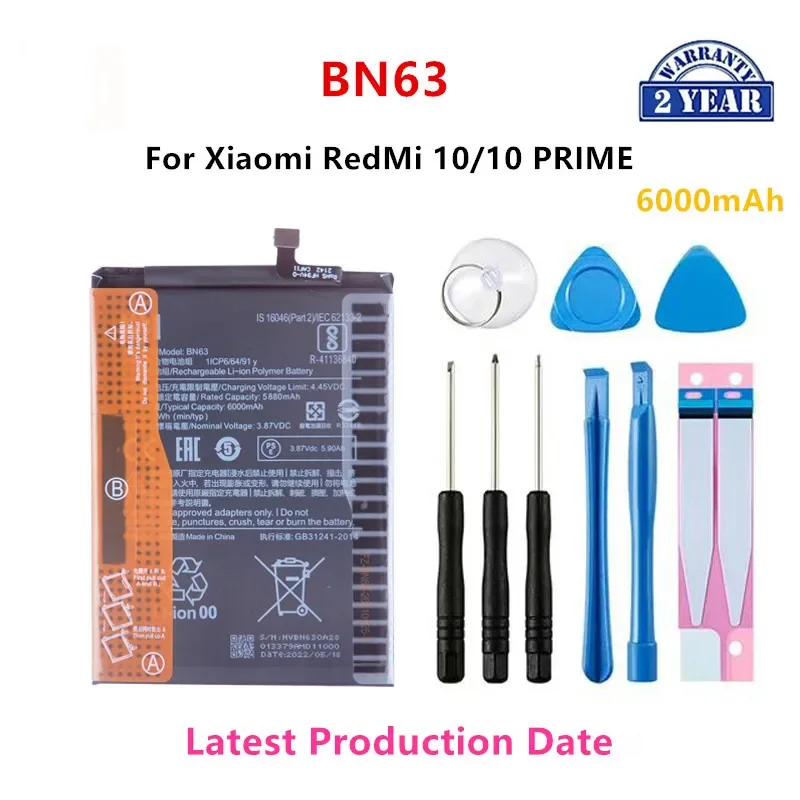 

100% Orginal BN63 6000mAh Battery For Xiaomi RedMi 10/10 PRIME Phone Replacement Batteries+Tools