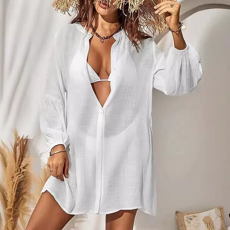 

Осень 2022, новая однотонная повседневная рубашка, женская европейская и американская модная блузка с длинными рукавами, пляжная юбка, солнцезащитная рубашка