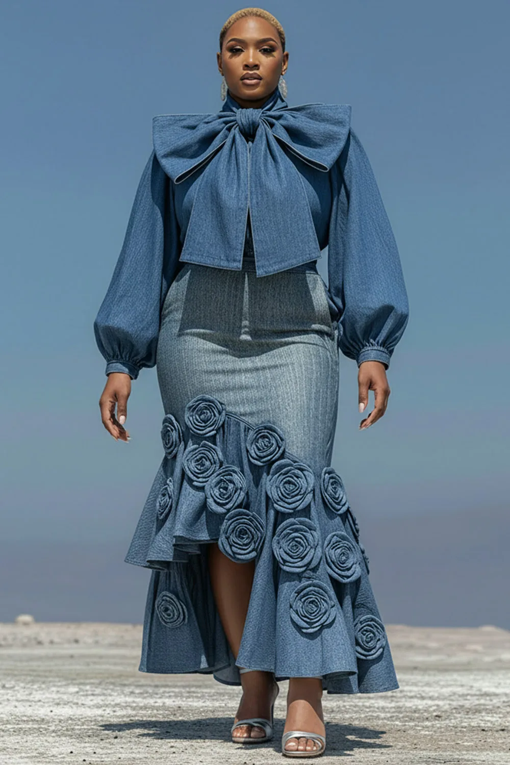 Conjunto de Falda y Blusa de Dos Piezas de Mezclilla con Lazo, Elegante, Ajustado, de Manga Larga con Mangas Abullonadas Azules, para Fiesta de Cóctel, Tallas Grandes