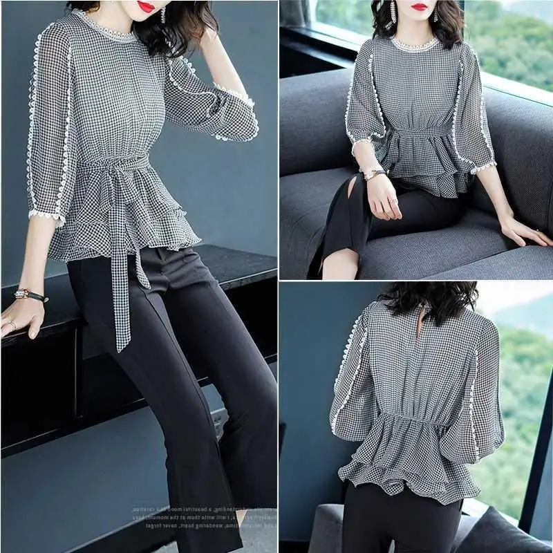 Elegant Fashion Plaid Printed Lace Up Shirt for Female Korean O-Neck Casual 3/4 Sleeve Spliced Blouse Summer Women's Clothing