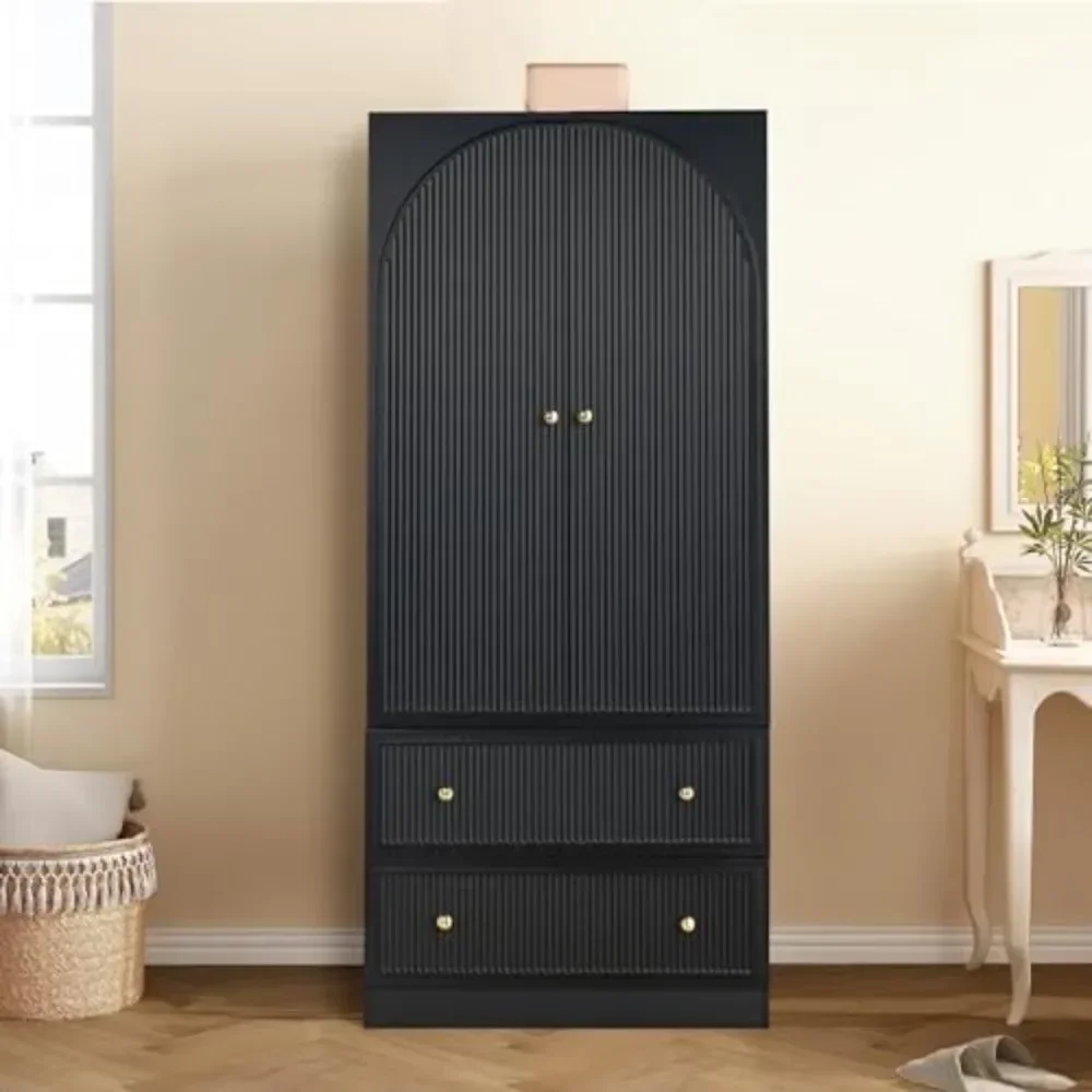 

Armoire Wardrobe Closet with 2 Striped Doors, Freestanding Wooden Wardrobe Cabinet with 2 Storage Drawers and Hanging Rail