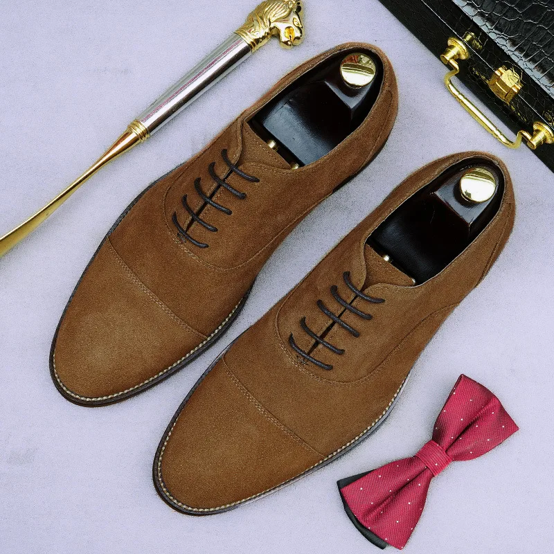 Business Casual Genuine Leather Shoes Men's Handmade Three-Joint Cow Suede Men's Frosted Round Toe British Style Lace-Up Shoes