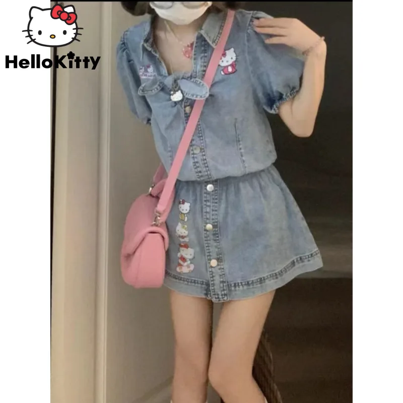 Sanrio Hello Kitty Skirt Set Women Denim Lace-up Short Puff Sleeve Printed Top Two Piece Dress Sets Summer Outfits New Features