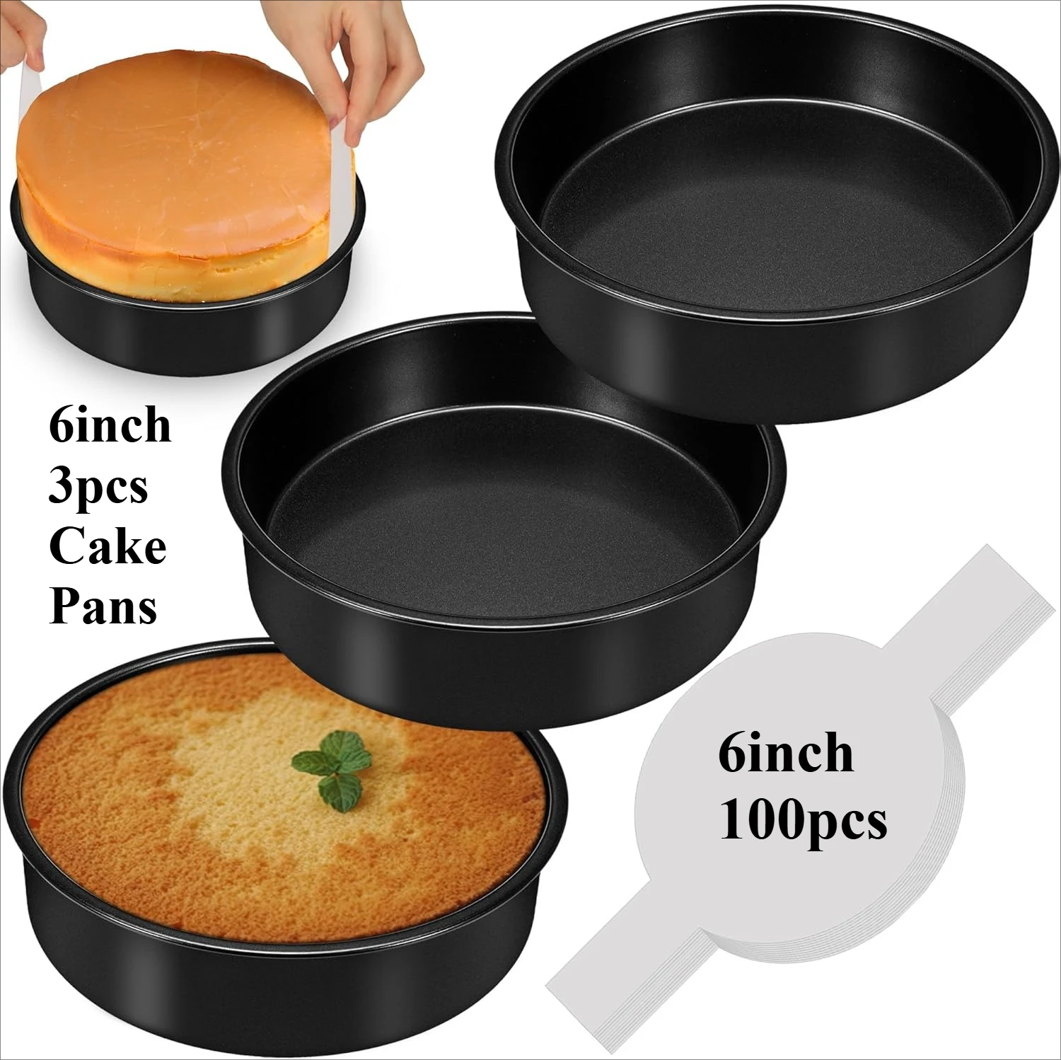 

6 Inch Cake Pans Set of 3, Smash Cake Pans with 100PCS Parchment Paper for Layer Cakes, No-Stick Round Cake Pan Sets for Baking