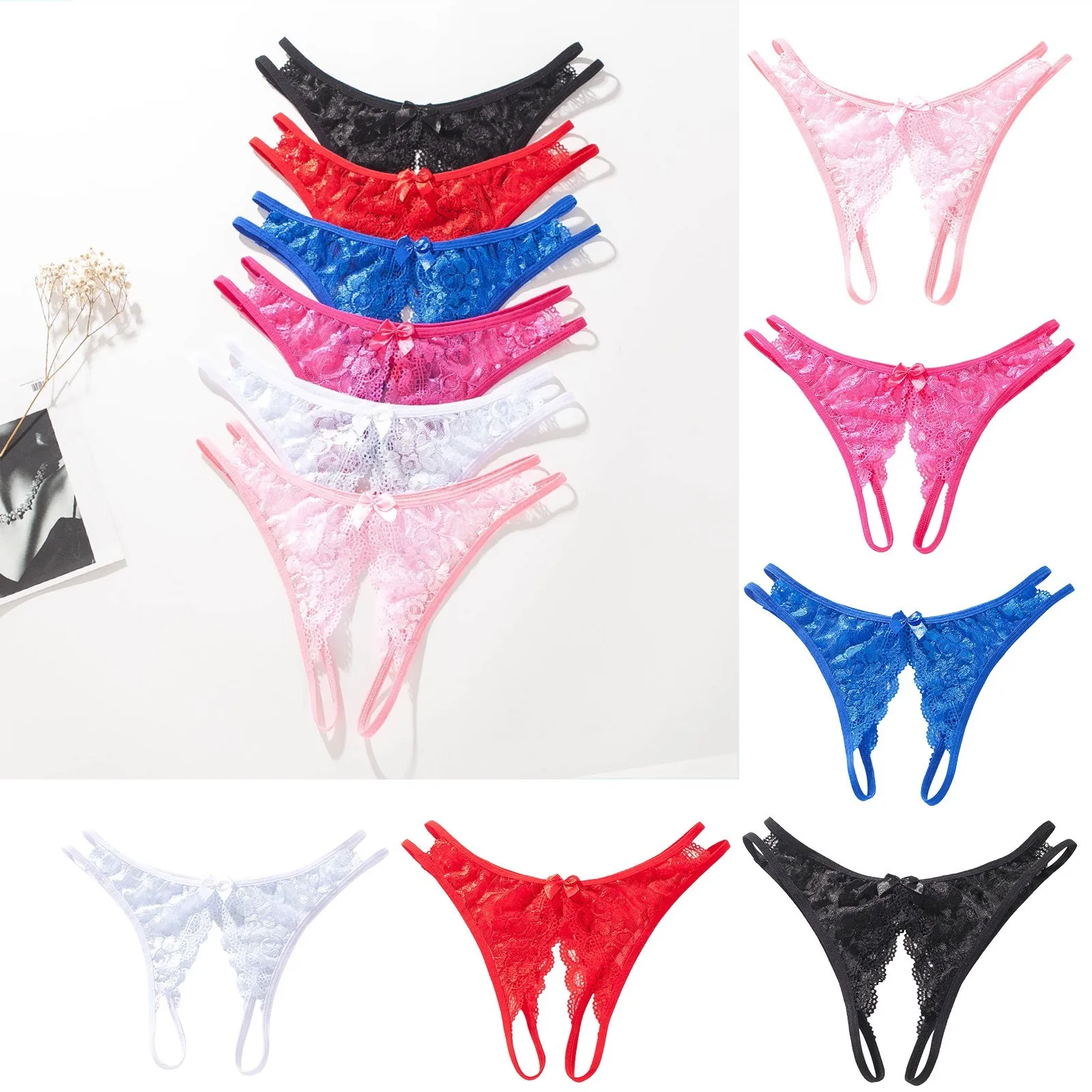 Women's Panties Intimate Open Crotch Sexy Lingerie Transparent G-strings Thongs Solid Bowknot Underwear For Ladies Lace Pantys