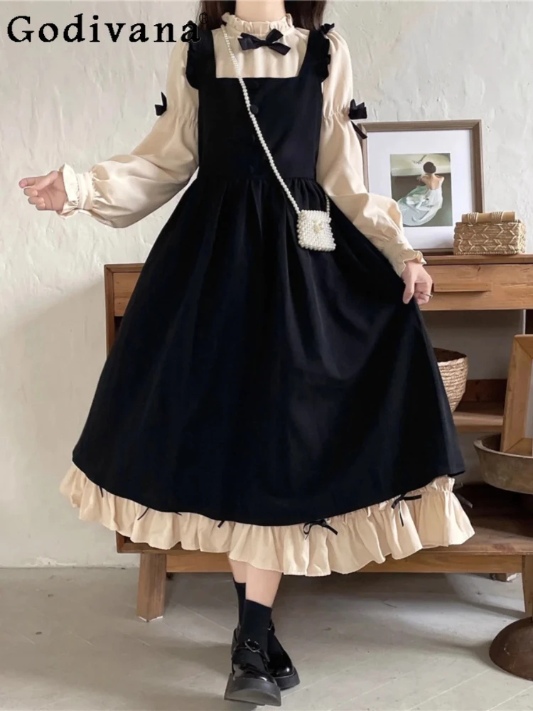 

L-4XL, большой размер, весеннее новое японское платье с пышными рукавами в стиле Лолиты, черное платье на бретелях, женский комплект из двух предметов, платья трапециевидной формы с длинными рукавами и бантом