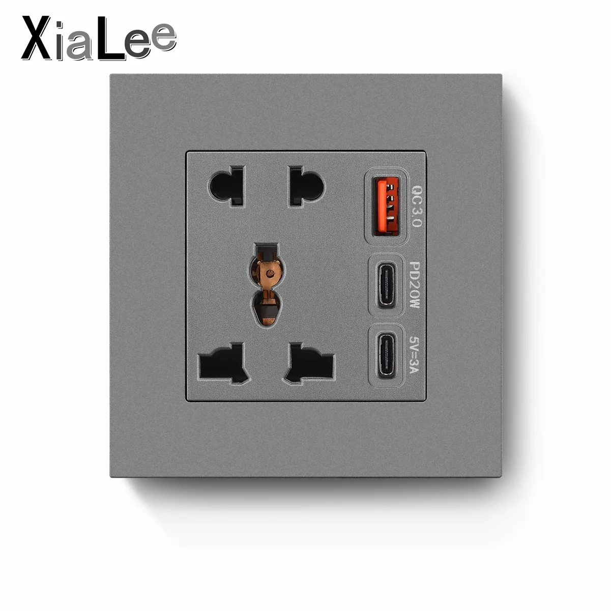 XIALEE PC Panel GaN 1 Type-A & 2 Type-C Three USB 20W FAST Charger + 13A Wall Universal 5 Pin Socket Grounded