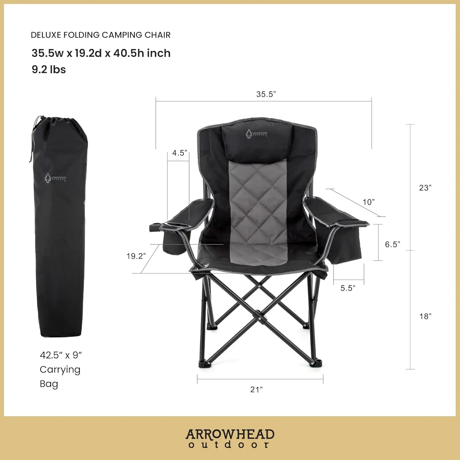 Portable Folding Camping Quad Chair w/ 6-Can Cooler, Cup & Wine Glass Holders, Heavy-Duty Carrying Bag, Padded Armrests