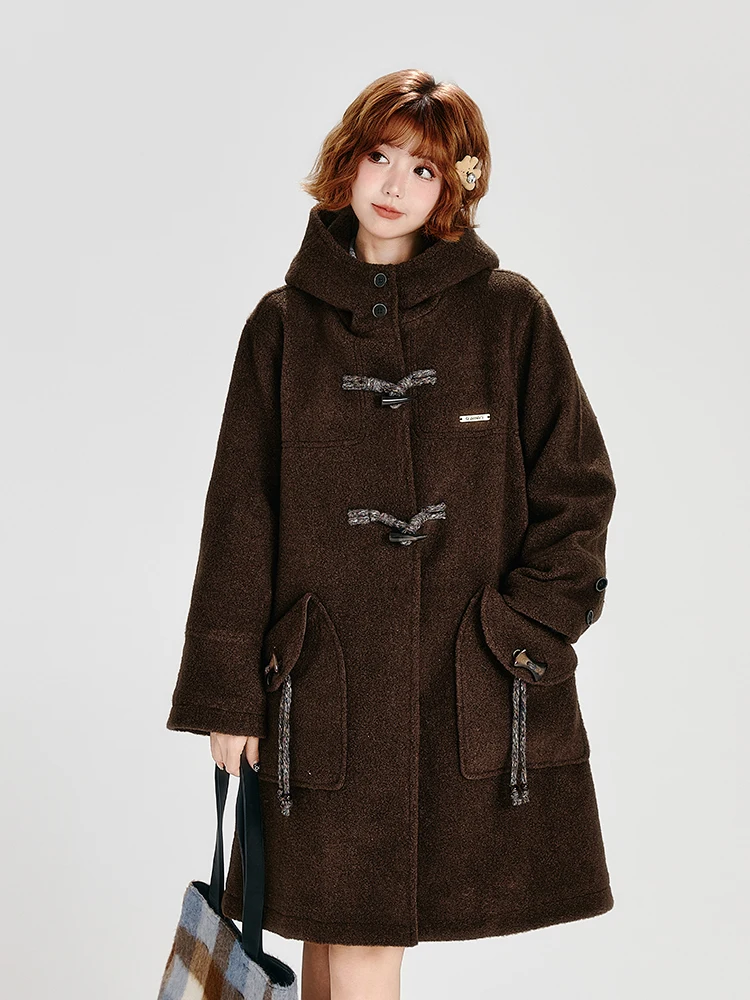 Zimní tlustý vlněný kabát, středně dlouhý, s kapucí, volný střih, teplý, ležérní svrchní oblečení, retro přepínací kabát, teplá dlouhá bunda - náhled 3