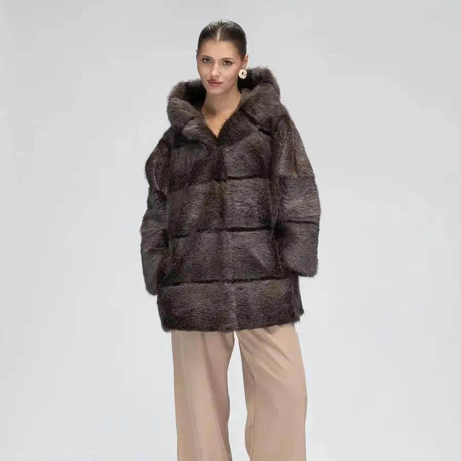 IG Women Hooded Horizontal Paneled Mid-Length Faux Fur Coat, Long Sleeve Side Pockets Oversized, Winter Warm Luxury