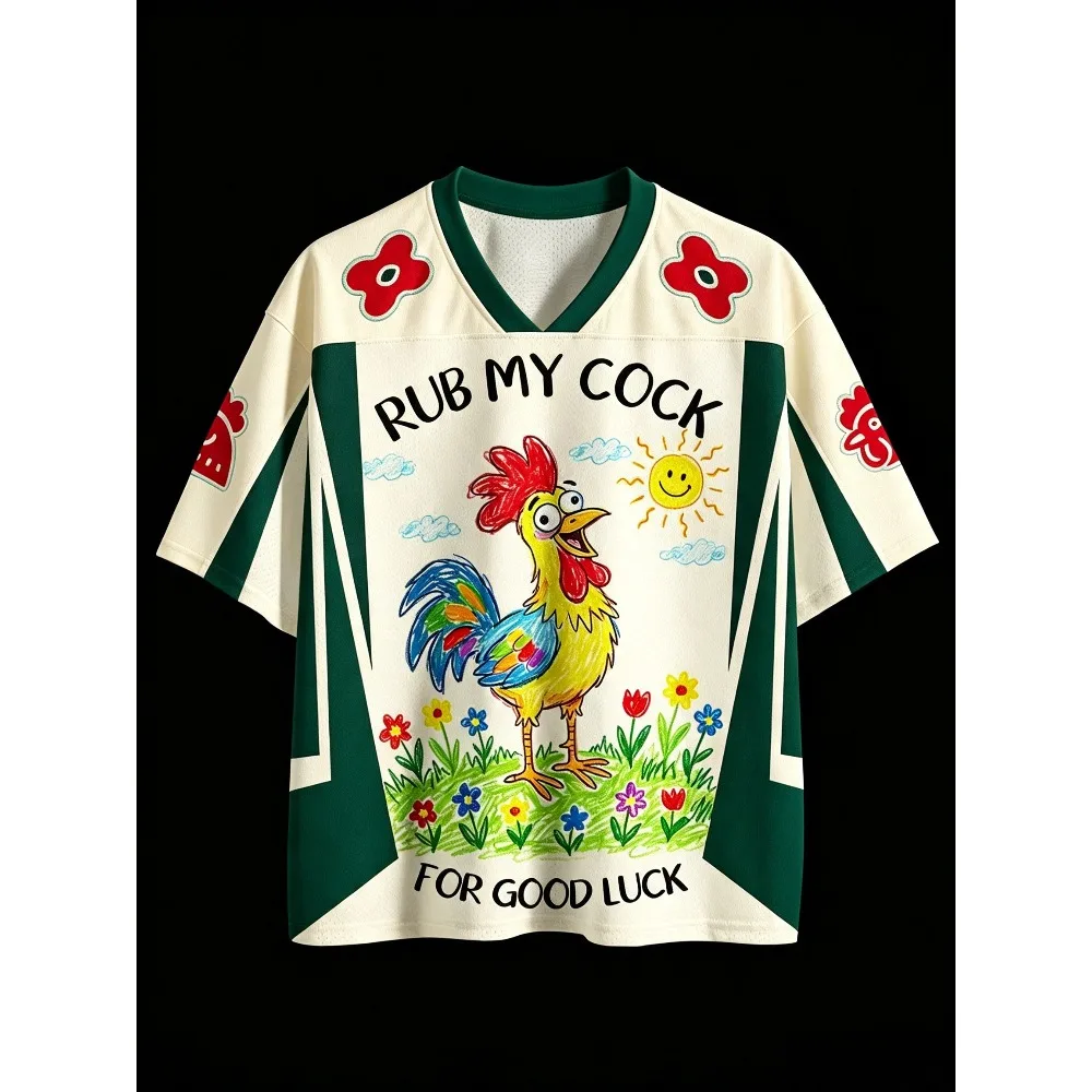 2026 New Funny Cartoon Rooster Graphic Mesh Breathable V‑Neck T‑shirt Y2K Short Sleeve Casual Loose Sports Tops for Adult & Kids