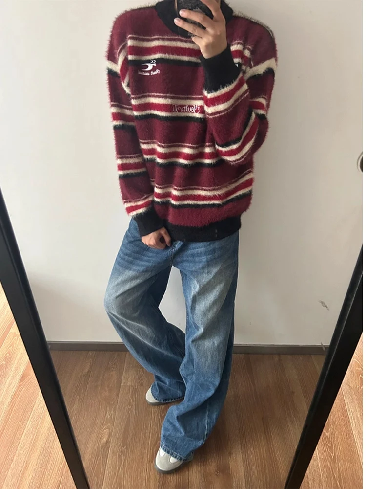 

Retro American Mink Fur Embroidered Striped Knitted Sweater Loose Fit round Ne High End Feeling ex Long Sve Top