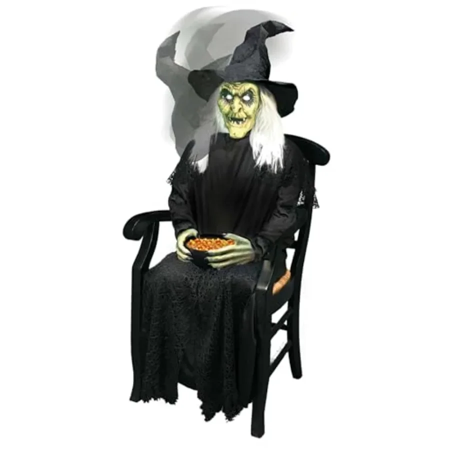 Halloween porch greeter: sitting witch animated prop, PVC material, black and purple, motion-activated with glowing eyes and ca