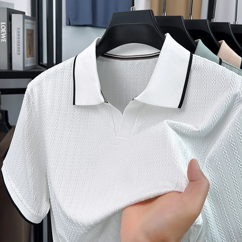 Men'S Fashion V Neck T Shirts - เสื้อโปโลแขนสั้นคุณภาพสูงสำหรับฤดูร้อน แฟชั่นผู้ชาย หรูหรา ลายแจ็คการ์ด บาง ระบายอากาศได้ดี