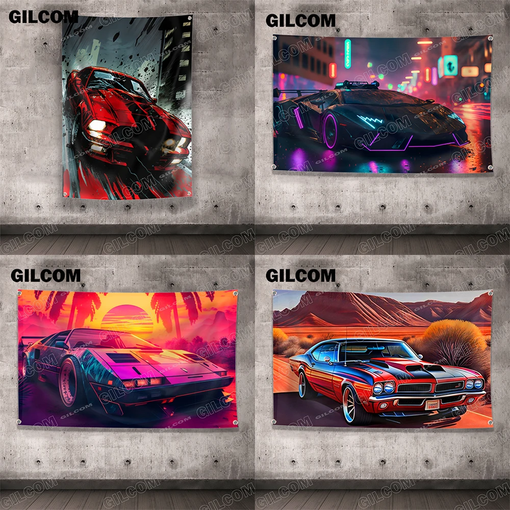 Flag Retro  80S Colorful Car Racing Poster Advertise Logo Sport Outdoor Club Digital Printing Banner Tapestry Brass Grommet